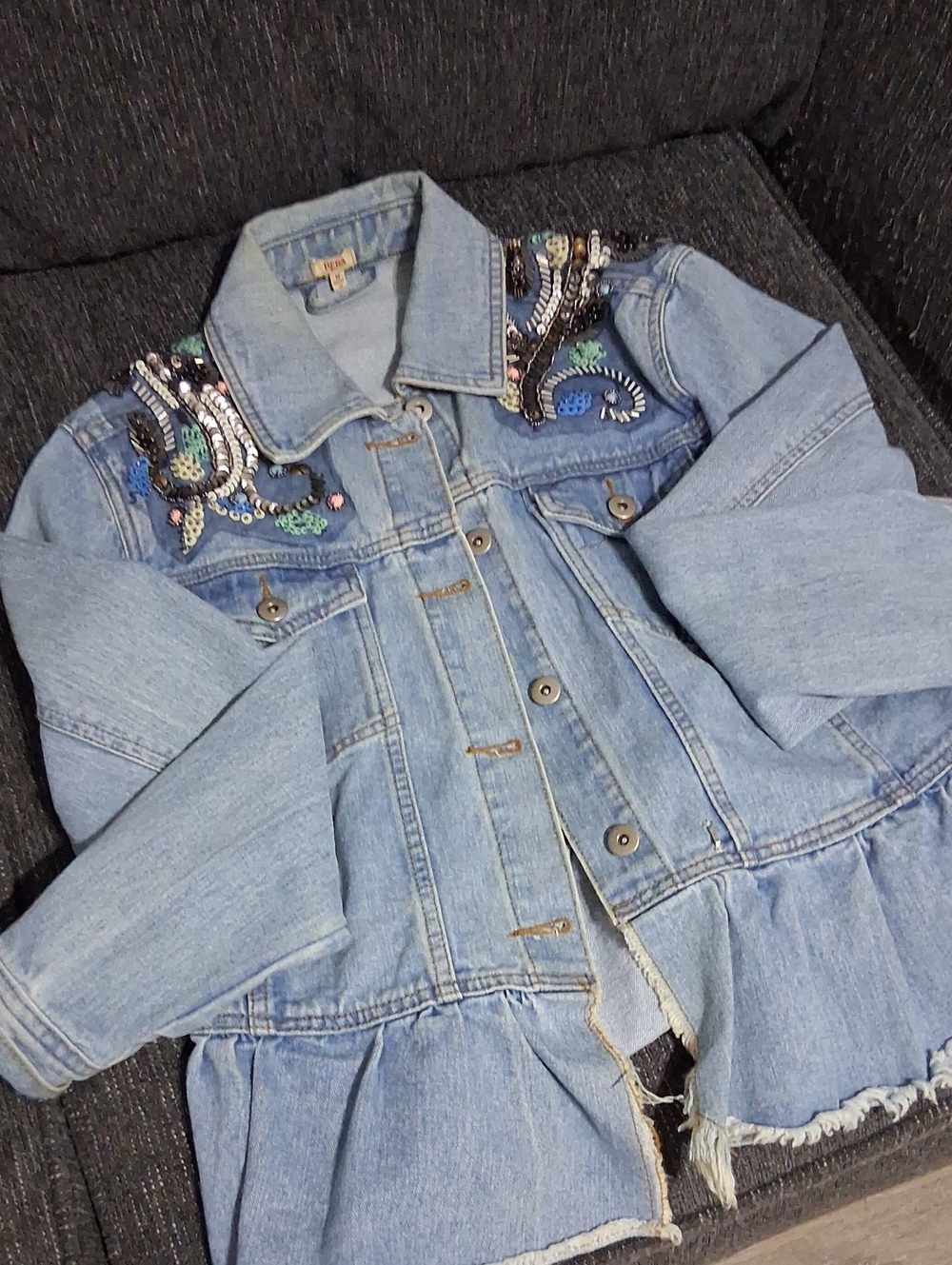 Reba Light Blue Embellished Denim Jacket with Peplum Hem